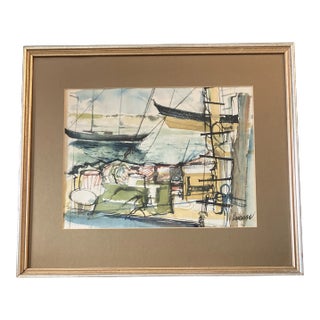 1970’s Original Abstract Sail Boating Watercolor Painting Signed Framed For Sale