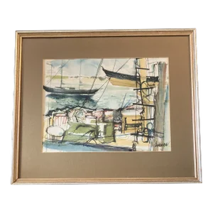 1970’s Original Abstract Sail Boating Watercolor Painting Signed Framed