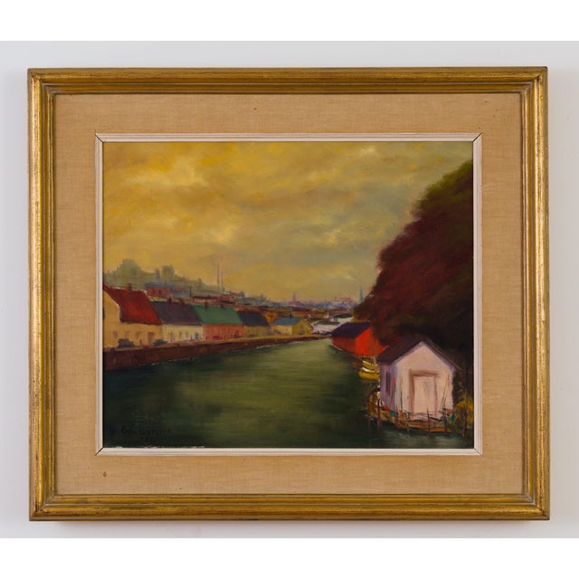 Egon Larsson, Swedish Canal Cityscape, 1955, Oil on Canvas For Sale - Image 11 of 11