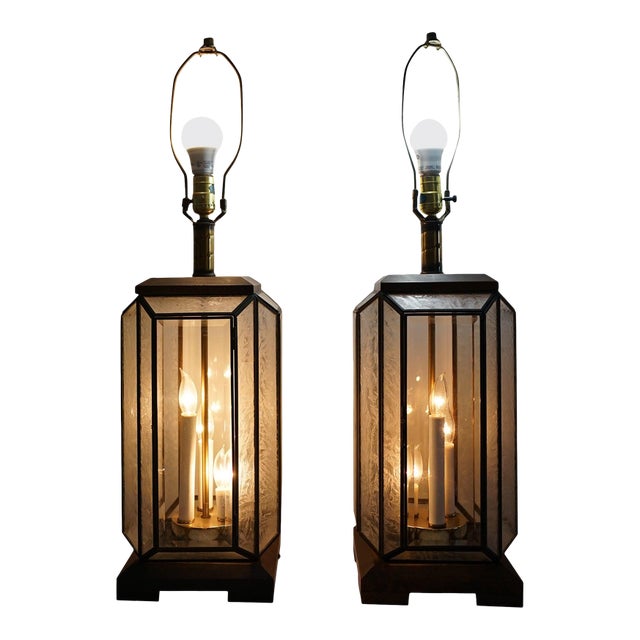 1960s Art Deco Style Mid Century Etched Glass Lead Table Lantern Lamp - set of 2 For Sale