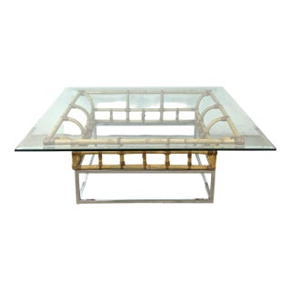 1970s Hollywood Regency Bamboo and Chrome Square Glass Coffee Table For Sale