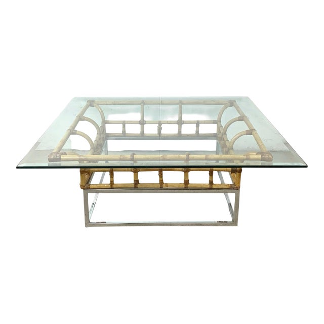 1970s Hollywood Regency Bamboo and Chrome Square Glass Coffee Table For Sale