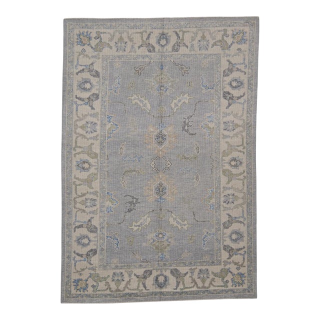 Turkish Oushak Rug Soft Blue & Beige Floral Handwoven Wool Rug 6'4" X 9'1" For Sale