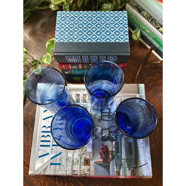 Vintage Hand-Blown Cobalt Blue Swirl Highball Glasses – Set of 4 For Sale - Image 9 of 10