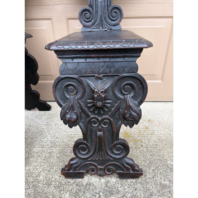 Pair of Italian Renaissance Revival Carved Walnut Hall Chairs For Sale - Image 12 of 14