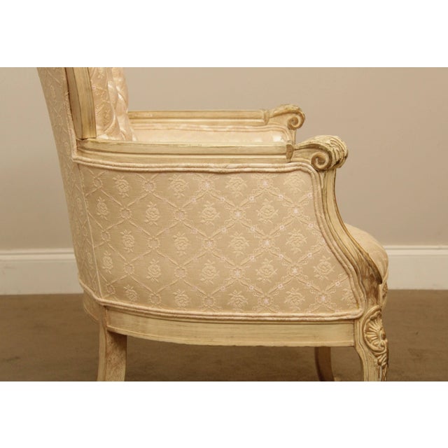 French Louis XV Style Vintage Pair Cream Painted Tufted Fire Side Chairs For Sale - Image 12 of 13