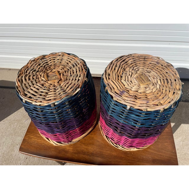 Bright Pink Vintage Pair of Colorful Handmade Filipino Baskets For Sale - Image 8 of 10