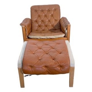 1980s Tan Leather "Irevik" Armchair and Ottoman Designed by Sture Eng and Kjell Nordin for Ikea For Sale