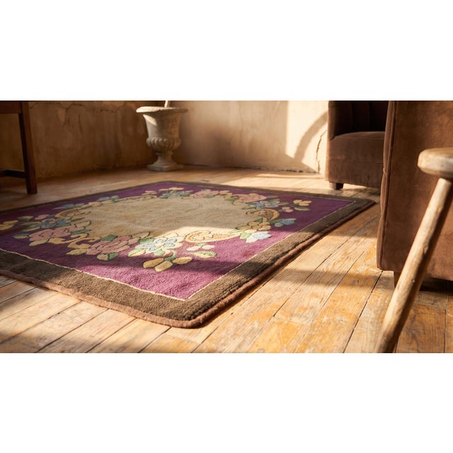 1890s Purple Medallion Floral Handmade Folk Art Antique American Hooked Rug For Sale - Image 13 of 13