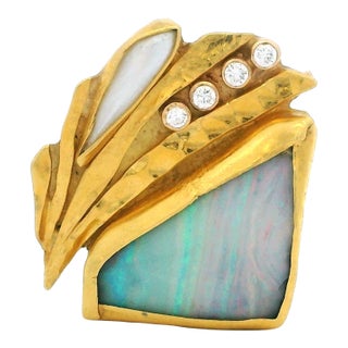 Vintage American Studio 22k Gold Opal Diamond Modernist Brooch For Sale