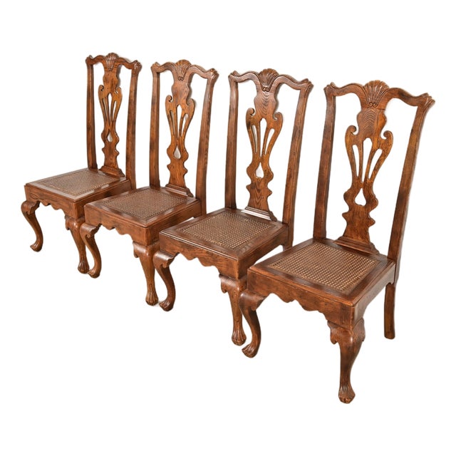 Henredon Georgian Carved Oak and Cane Dining Chairs, Set of Four For Sale