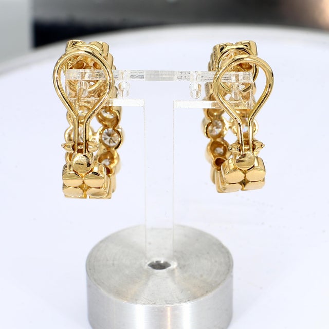 Contemporary 18k Yellow Gold Elongated Hoop Earrings With Two Rows of Bezel-Set Diamonds, A Pair For Sale - Image 3 of 4