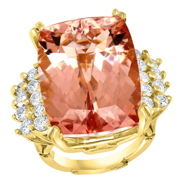 27 Carat Cushion Shape Morganite & Diamond Cocktail Ring 14 Karat Yellow Gold For Sale