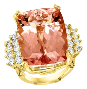 27 Carat Cushion Shape Morganite & Diamond Cocktail Ring 14 Karat Yellow Gold