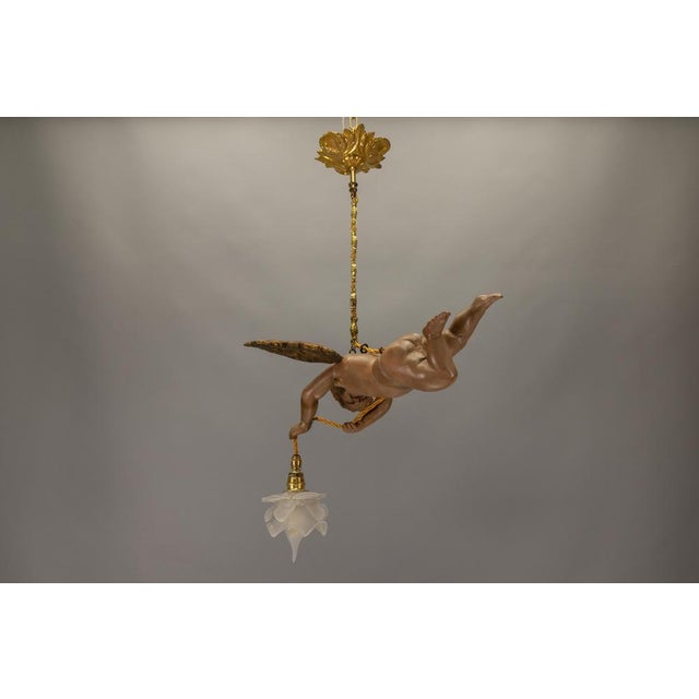 French Art Nouveau Cherub Pendant Light in Carved Wood & Frosted Glass, 1920 For Sale - Image 16 of 18