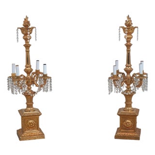 1950s Pair of French Empire Candelabra Lamps W. Prisms For Sale