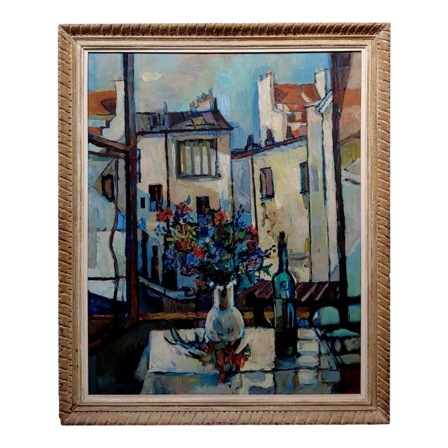 Robert Aaron Frame -Bottle of Wine & Flowers by the Window -Oil Painting For Sale
