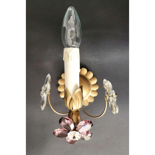 Antique Pair of Wall Sconces with Violet and Royal Blue Murano Glass Crystal Flowers – Romantic Vintage Charm in Gold This...