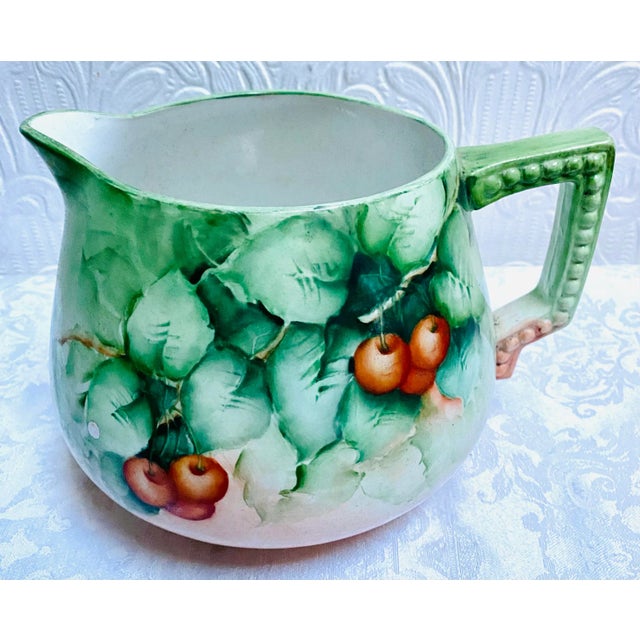 Ceramic 1910s Antique Hand Painted Cherries Cider Lemonade Pitcher Attributed to Limoges For Sale - Image 7 of 10