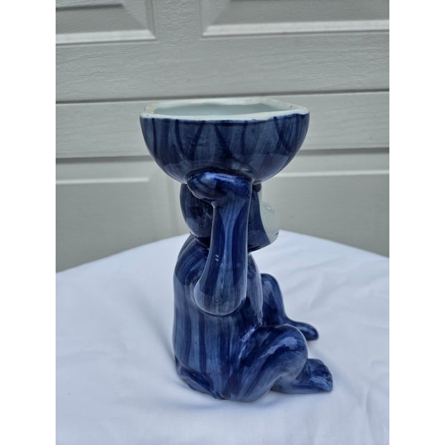 Vintage Chinoiserie Blue White Ceramic Monkey Dish - 8.25" Height For Sale - Image 6 of 12