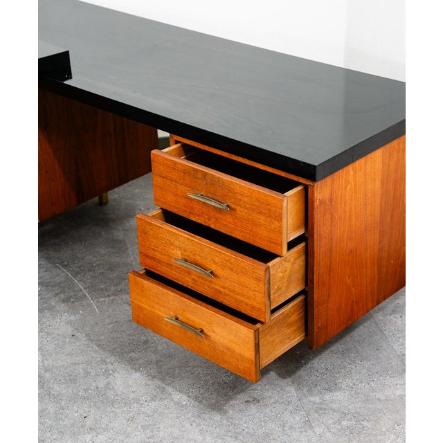 1960s Mid Century Modern Desk Executive L Shaped Cane Walnut Large Black File Drawers For Sale - Image 5 of 12