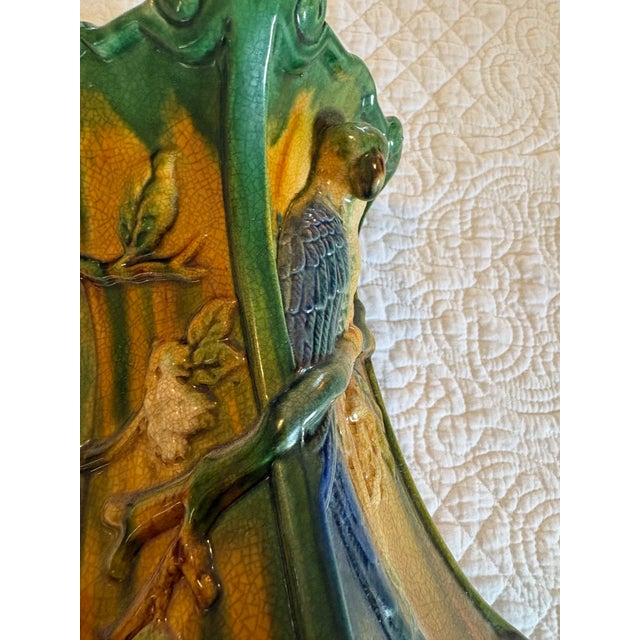 Shabby Chic Vintage Majolica Style Glazed Pottery Vase With Parrot For Sale - Image 3 of 9