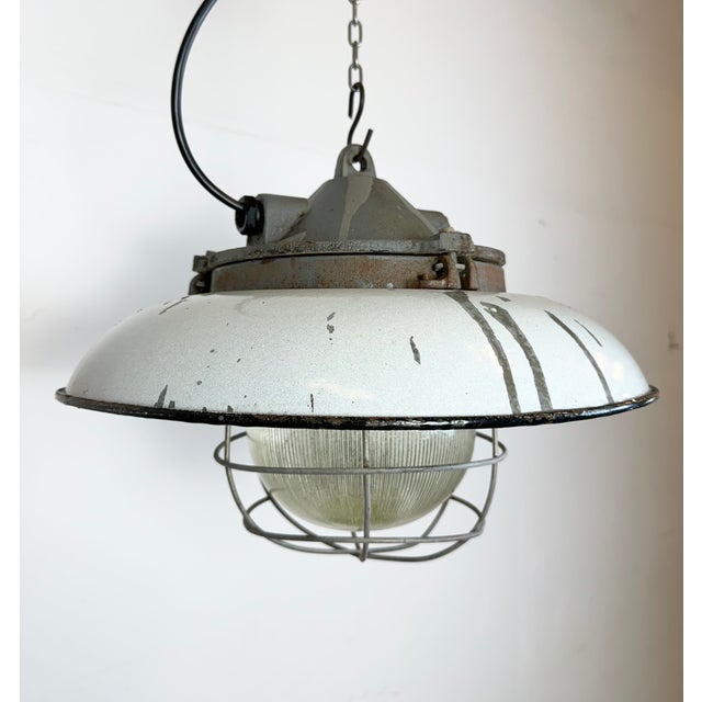 Gray Industrial Grey Enamel Factory Cage Pendant Lamp in Cast Iron from Zaos, 1960s For Sale - Image 8 of 18