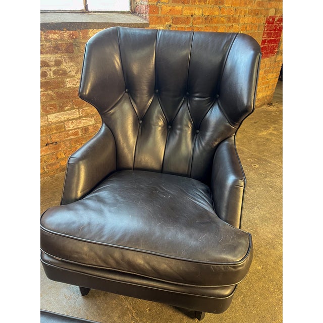 Wood 1950s Edward Wormley for Dunbar Janus Collection Wingback Lounge Chair & Ottoman in Black Leather For Sale - Image 7 of 15