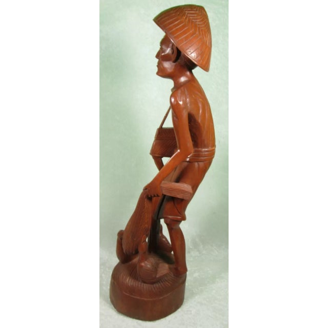 Brown Mid 20th Century Carved Wooden Asian Fisherman Figurine Sculpture For Sale - Image 8 of 12