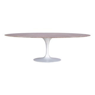 Oval Tulip Table with Brown Marble Top and Matt Silver Coated Oval Base by Eero Saarinen for Knoll International For Sale