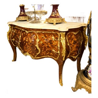 French Louis XV Bombe Commode With Marble Top, Floral Marquetry, Gold Leaf & Bronze Mounts For Sale