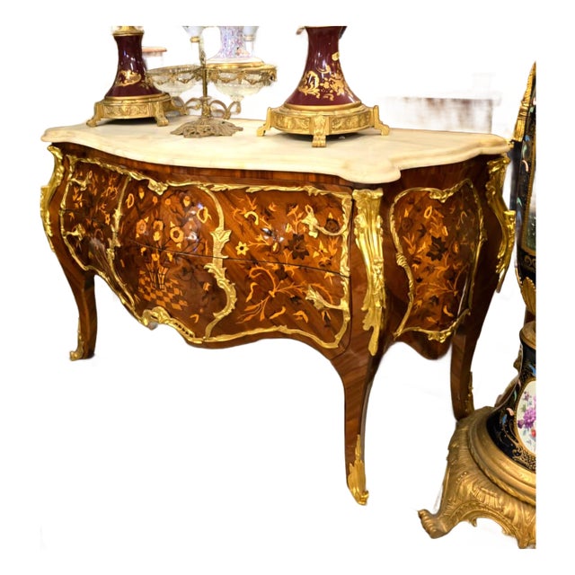 French Louis XV Bombe Commode With Marble Top, Floral Marquetry, Gold Leaf & Bronze Mounts For Sale