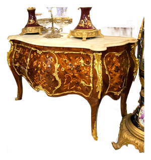 French Louis XV Bombe Commode With Marble Top, Floral Marquetry, Gold Leaf & Bronze Mounts