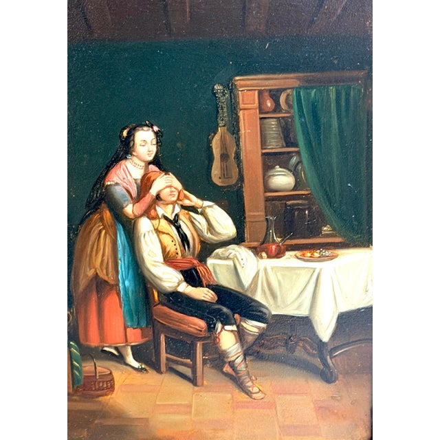 19th Century Biedermeier Genre Painting “The Surprise" Oil on Tin Original Frame For Sale In West Palm - Image 6 of 14