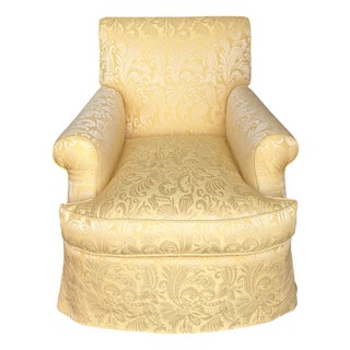 Nancy Corzine Alistair English Roll Arm Lounge Club Chair in Yellow Matelasse Fabric For Sale