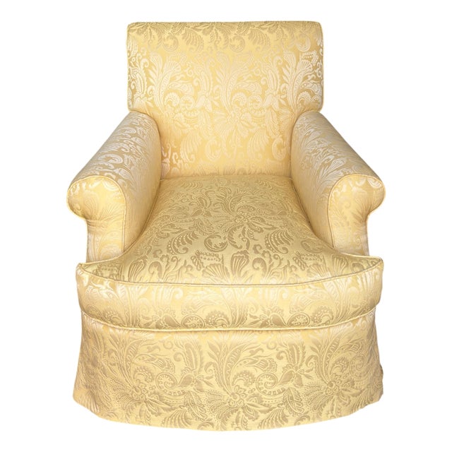Nancy Corzine Alistair English Roll Arm Lounge Club Chair in Yellow Matelasse Fabric For Sale