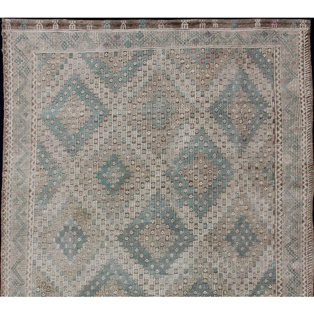 Vintage Turkish Kilim Rug in Soft Teal, Beige, and Taupe With Diamond Pattern For Sale - Image 4 of 13