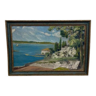 Vintage Coastal Landscape Painting in Impressionist Style, Framed Seascape With Sailboat - Unknown Artist For Sale