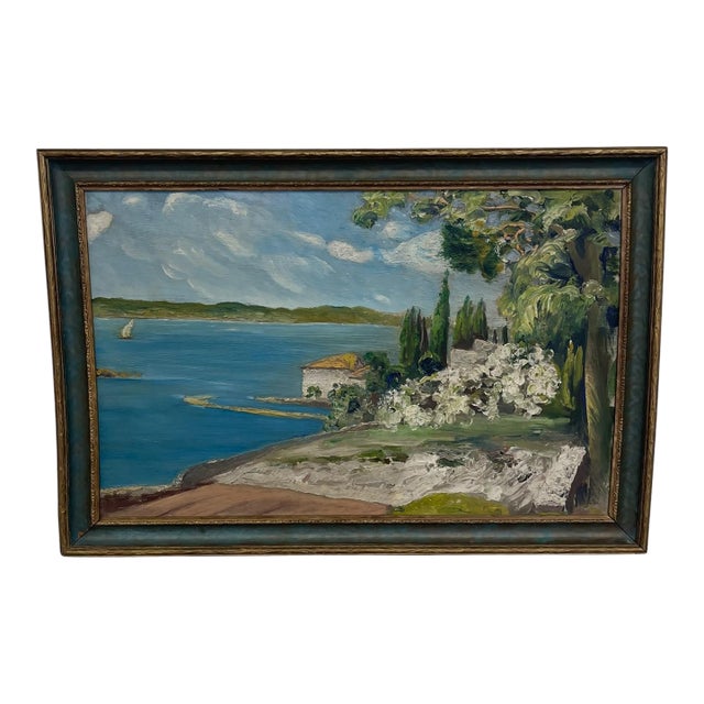 Vintage Coastal Landscape Painting in Impressionist Style, Framed Seascape With Sailboat - Unknown Artist For Sale