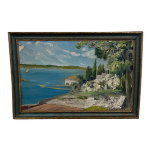 Vintage Coastal Landscape Painting in Impressionist Style, Framed Seascape With Sailboat - Unknown Artist
