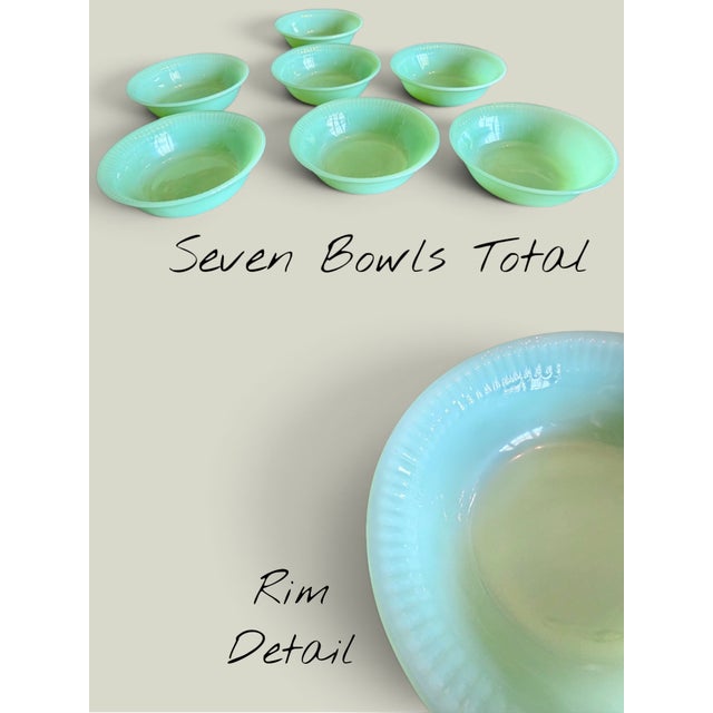 Green Vintage Fire King Jadeite Jane Ray Dessert Bowls-Anchor Hocking- Set-Berry Milk - Set of 7 For Sale - Image 8 of 11