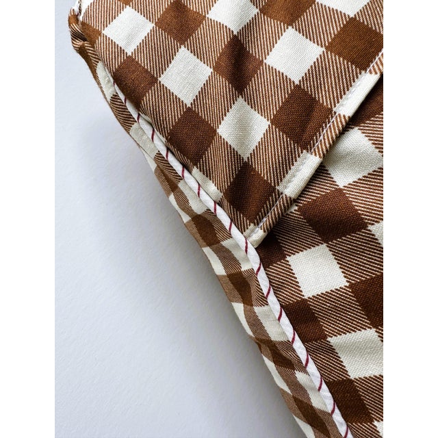 New Mexico Santa Fe Vintage Red Pennant on New Woven Brown Gingham Throw Pillow For Sale - Image 4 of 4