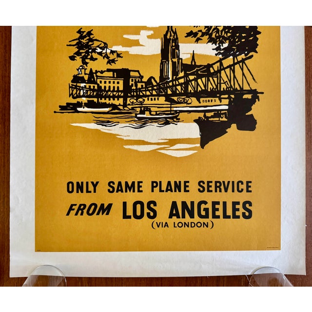 Modern Boac Los Angeles to Frankfurt Orig 1957 British Airways Travel Poster Linen Backed Very Rare 20x30” For Sale - Image 3 of 3