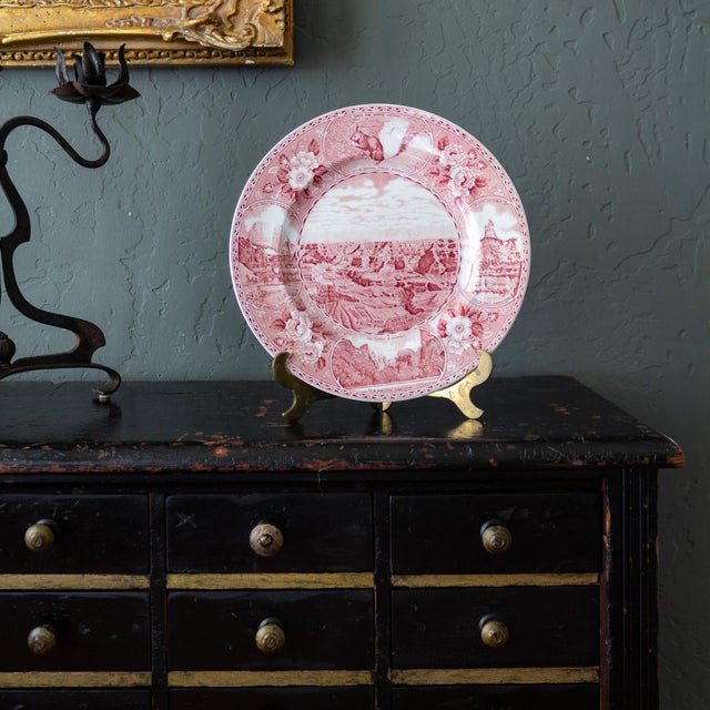 American Grand Canyon Delft Style Red Pink and White Decorative Plate For Sale - Image 3 of 5
