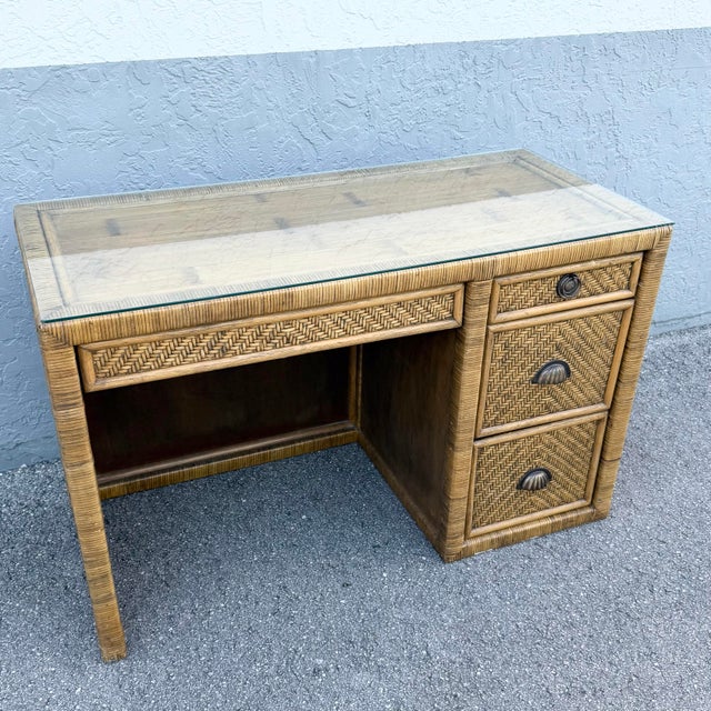 Chair: 21.5”w, 24.5”d, 36”h, seat height: 18.5”h A striking boho chic writing desk and chair set showcasing richly woven...