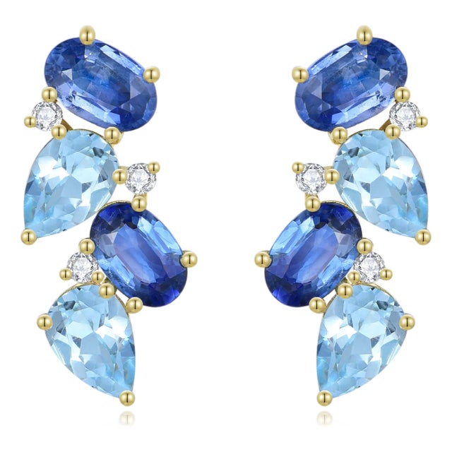 Nina Zhou Nosa Sapphire, Aquamarine and Diamond Cluster Earrings 14k Yellow Gold- 2 Pieces For Sale