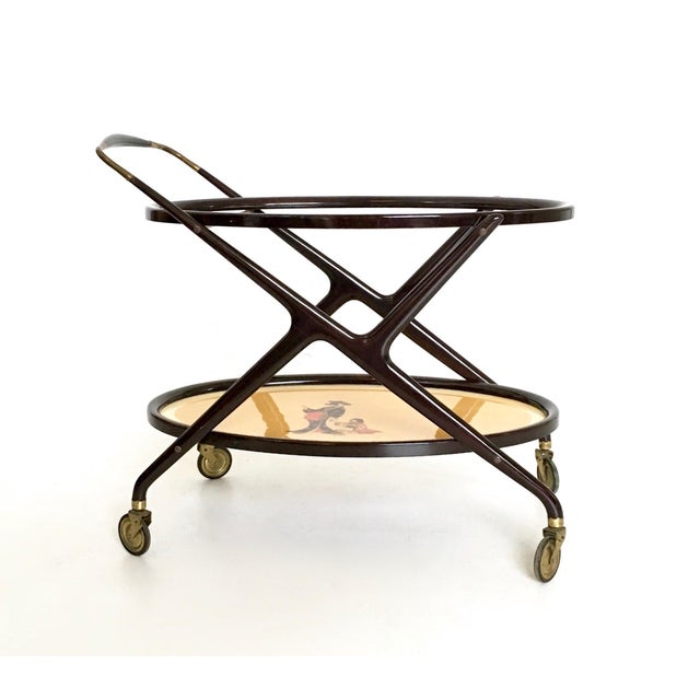 Beige Vintage Ebonized Beech Serving Cart with Oriental Print attributed to Cesare Lacca, Italy For Sale - Image 8 of 14