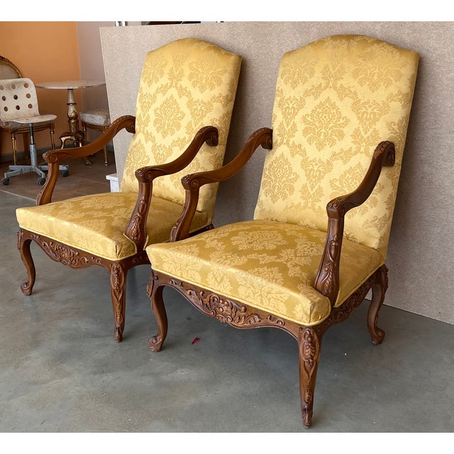 French Louis XVI Style Spanish Pair of High Back Carved Walnut Armchairs, 1900s For Sale - Image 3 of 10
