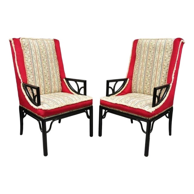 Vintage Chinoiserie James Mont Style Black Fretwork Lounge Arm Chairs - A Pair For Sale