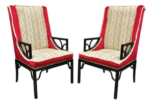 Vintage Chinoiserie James Mont Style Black Fretwork Lounge Arm Chairs - A Pair